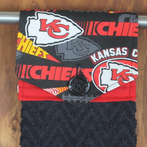 KANSAS CITY CHIEFS HAND TOWEL BLACK RED HANDMADE HANGING KITCHEN COTTON TOWEL - Picture 1 of 4